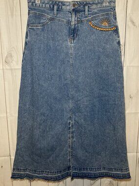 Brooklyn Dolly Denim Skirt Maxi Long Blue Stretch Women Medium  Embroidered Sun